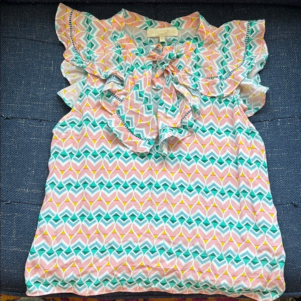 Paloma Blue (Anthropology) Colorful Geometric Ruffle Blouse